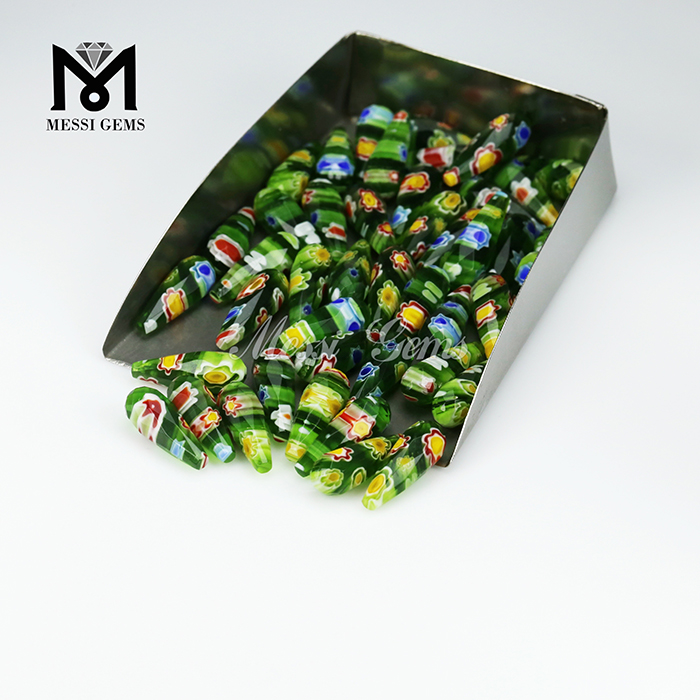 Perle en verre de Murano givré couleur verte Millefiorie