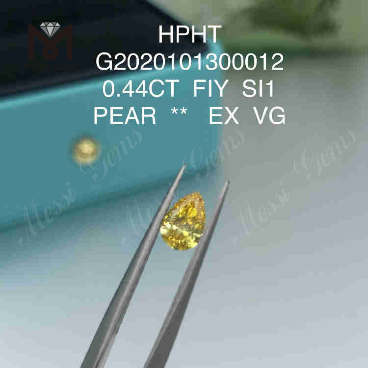 Diamant jaune synthétique taille poire FVY SI1 EX 0,44 ct