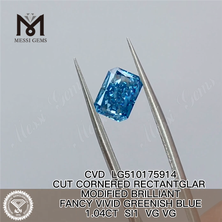 1.04CT diamant CVD RECTANTGLAR FANCY VIVID GREENISH BLUE SI1 VG VG diamant cultivé en laboratoire LG510175914 