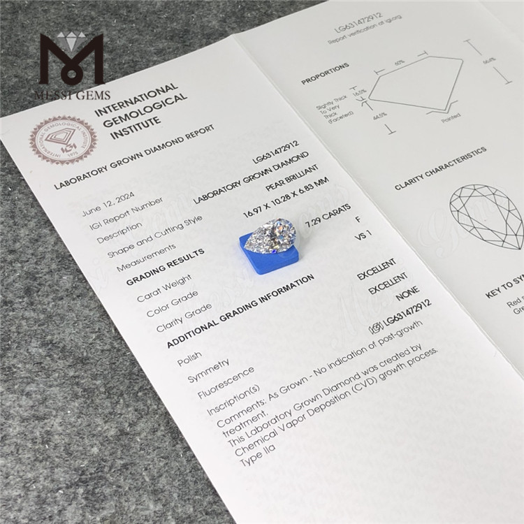 7.29CT F Poire diamant cultivé en laboratoire VS1 EX EX CVD LG631472912丨Messigems