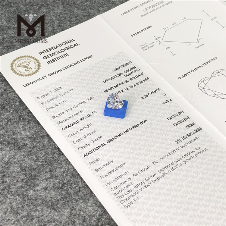 6.05CT D VVS2 EX EX CVD Diamonds HS Votre partenaire pour la revente en vrac CVD LG592363533丨Messigems