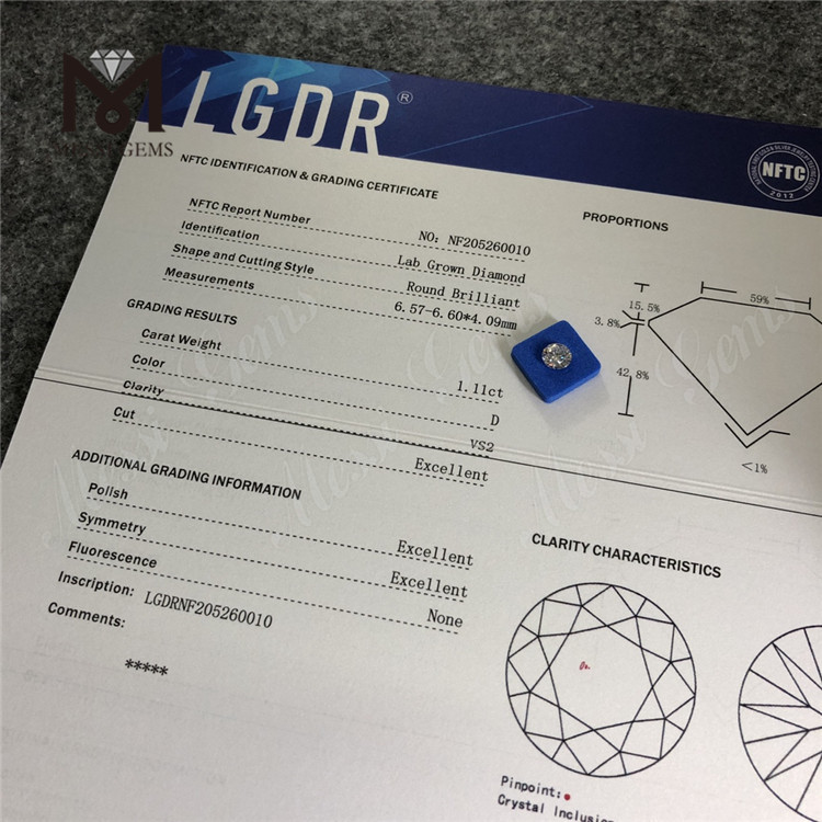 1.11CT D couleur VS2 pureté 3EX diamants synthétiques ronds taillés en brillant en laboratoire