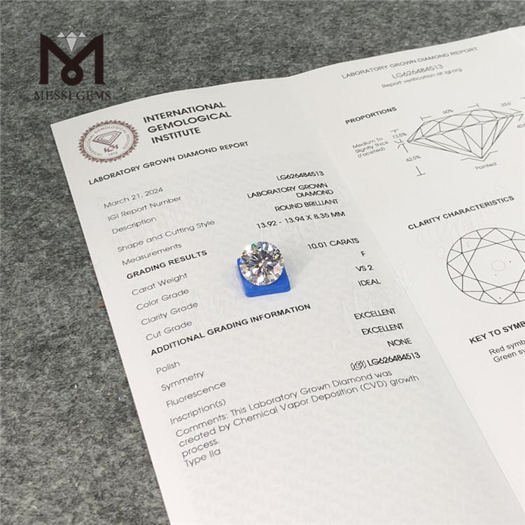 Diamants certifiés igi 10.01CT F VS2 ID RD à vendre CVD LG626484513丨Messigems