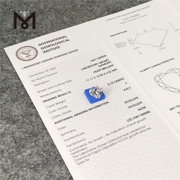 5.19CT F HS VVS2 CVD meilleur prix sur les diamants cultivés en laboratoire LG611369596丨Messigems