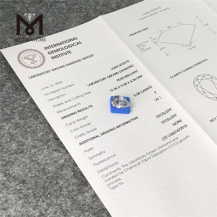 Diamants synthétiques 5.58CT E PEAR VS1 IGI LG631472915丨Messigems