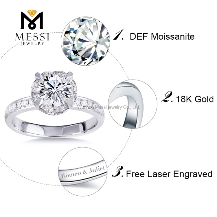 Messi Gold Jewelry Bague moissanite en or blanc 14 carats pour femme