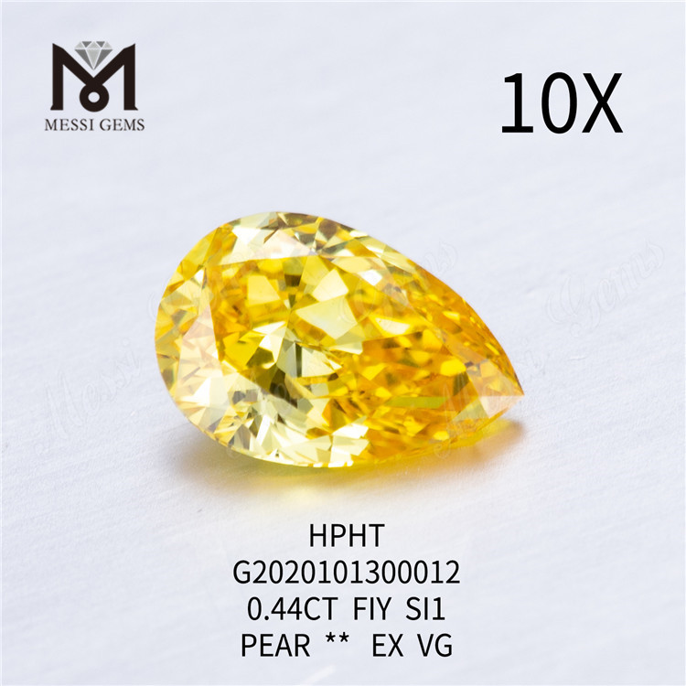 Diamant jaune synthétique taille poire FVY SI1 EX 0,44 ct