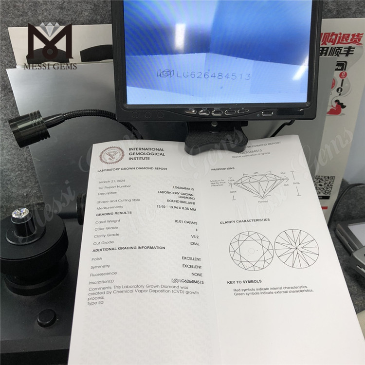 Diamants certifiés igi 10.01CT F VS2 ID RD à vendre CVD LG626484513丨Messigems