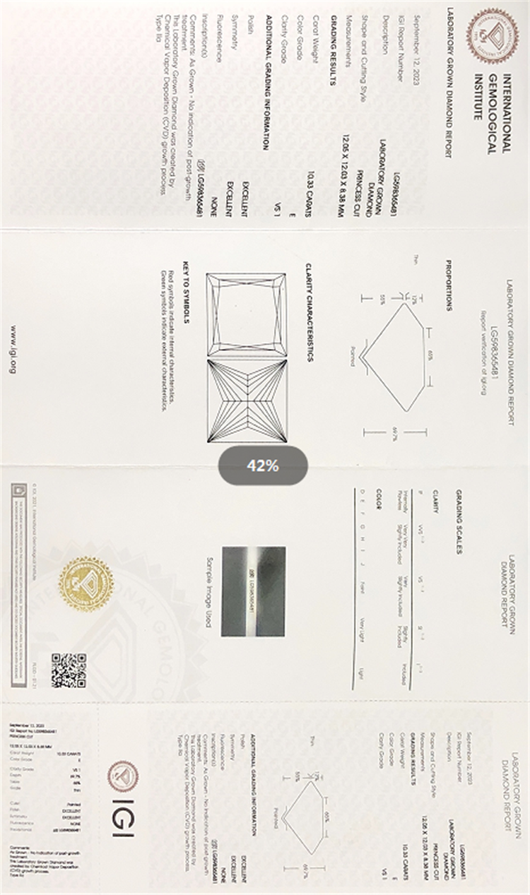 Diamant CVD cultivé en laboratoire 10,33 CT E VS1 EX EX SQ pour achat en gros, votre avantage concurrentiel LG598365481 