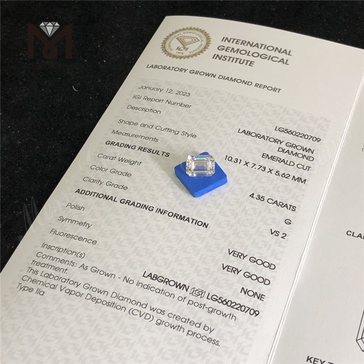 4.35CT G VS2 VG VG diamant de laboratoire taille émeraude CVD en vente