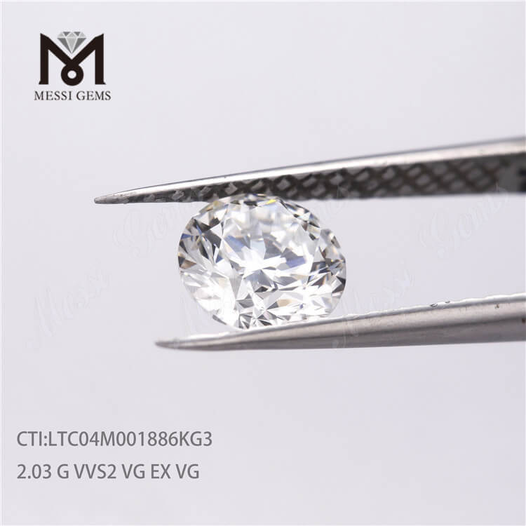 Prix ​​en vrac synthétique 2.03ct prix du diamant cvd cultivé en laboratoire diamant rond HPHT G VVS2 VG