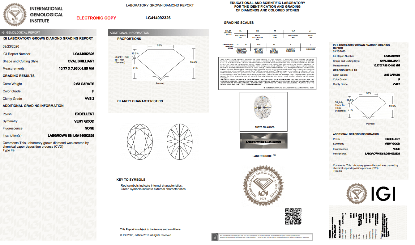 Certificat IGI de diamant cultivé en laboratoire 2.03ct D VS1 OVAL 