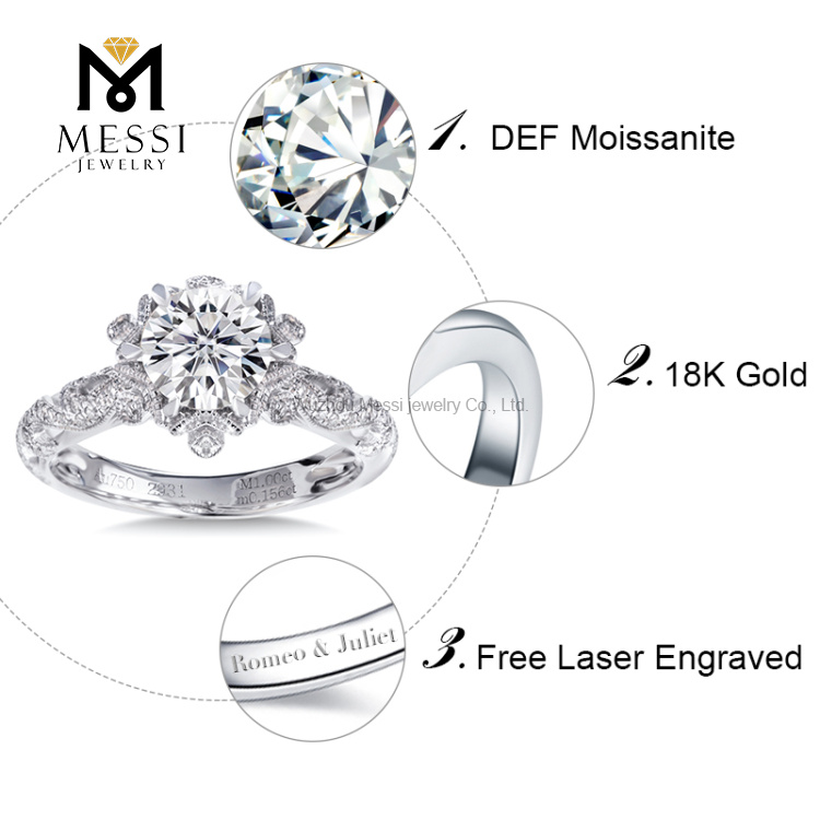Bague en diamant moissanite 1ct 14k 18k bijoux en or blanc cadeau pour femme