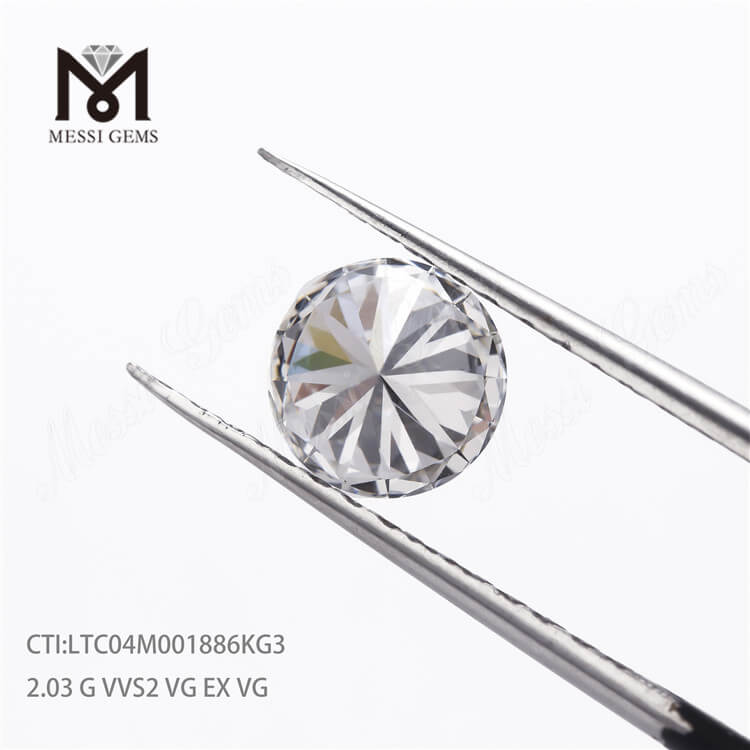 Prix ​​en vrac synthétique 2.03ct prix du diamant cvd cultivé en laboratoire diamant rond HPHT G VVS2 VG