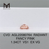 1.34CT RADIANT Cut FANCY PINK VS1 EX VG CVD diamant de laboratoire AGL22080764 