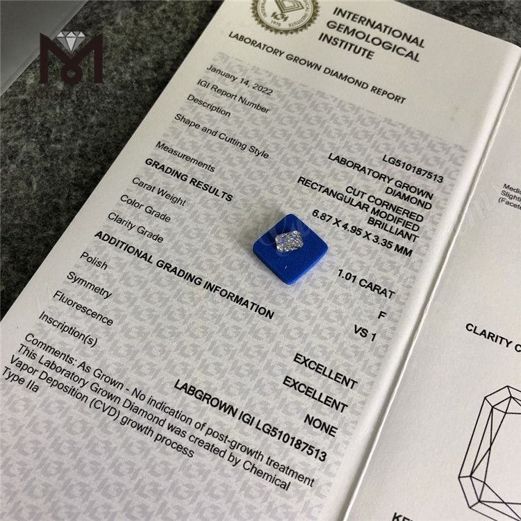1.01CT RECTANGULAIRE MODIFIÉ BRILLANT Coupe F VS1 EX CVD Lab Grown Diamond IGI Certificate