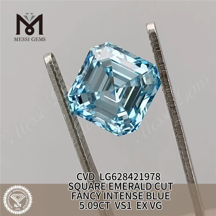 5.09CT CARRÉ TAILLE ÉMERAUDE FANTAISIE INTENSE BLEU VS1 EX VG CVD diamant créé en laboratoire LG628421978丨Messigems 