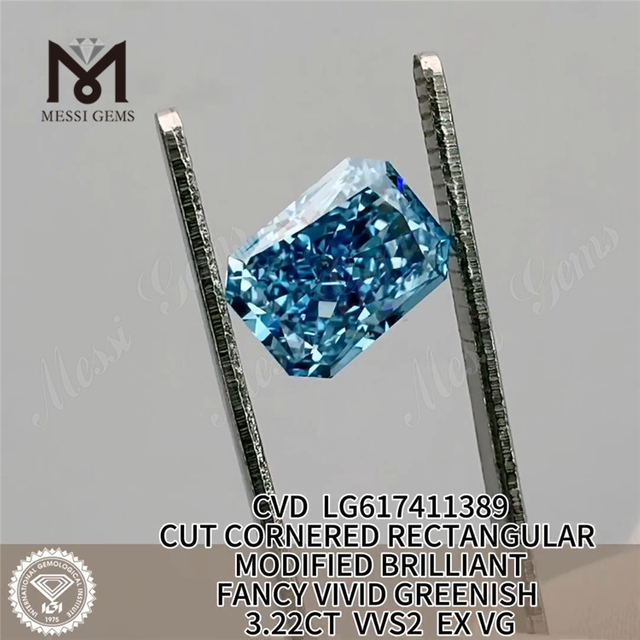 3,22 CT COUPE RECTANGULAIRE FANTAISIE BLEU VERT VIF VVS2 EX VG CVD Diamant de laboratoire LG617411389 丨 Messigems