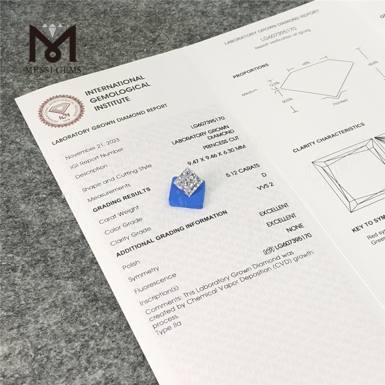 5.12CT D SQ VVS2 diamant cultivé en laboratoire Chine CVD IGI LG607395170