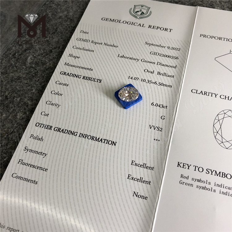 6.043ct G vvs diamant de laboratoire en vrac prix de gros forme ovale plus grand diamant synthétique IGI