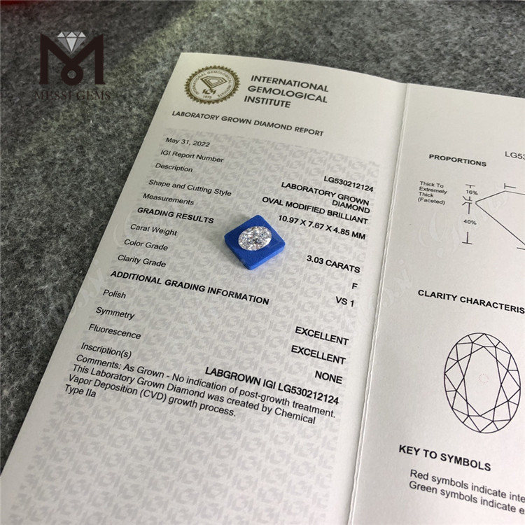 3.03ct F VS1 OVAL CVD Lab Créé Certificat IGI Diamant 