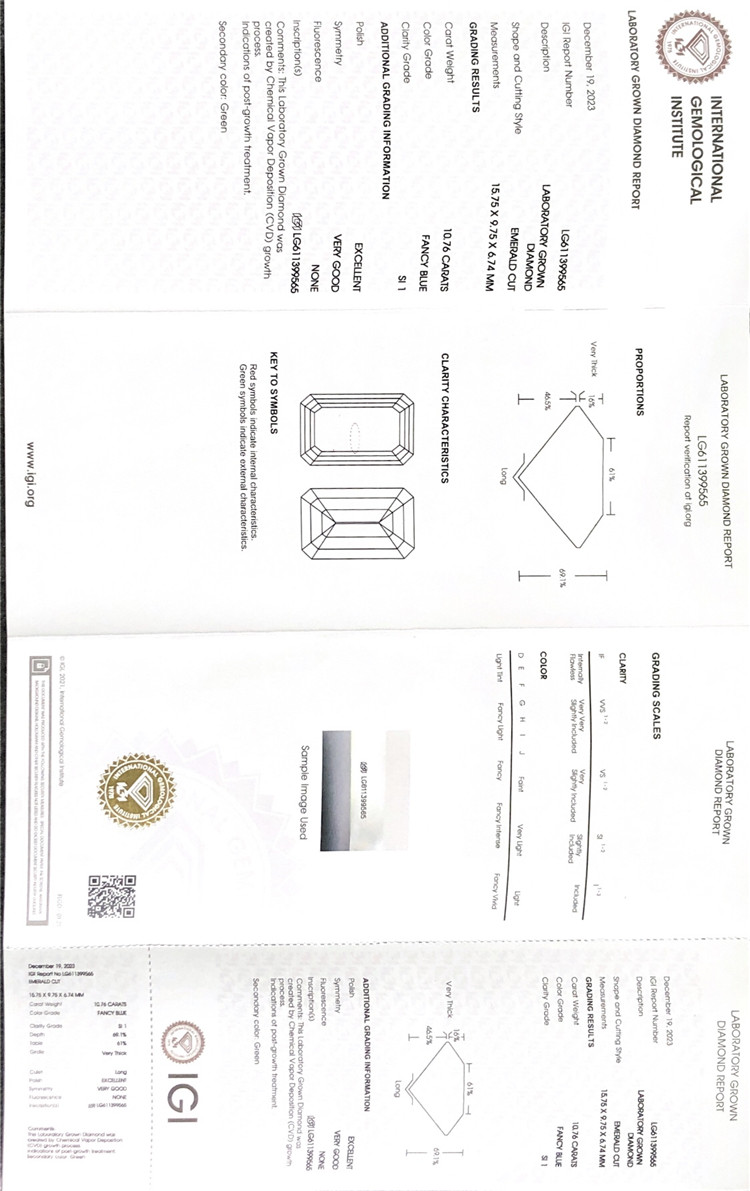 diamant bleu de 10,76 ct cultivé en laboratoire igi