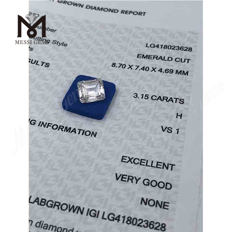 3.15CT H/VS1 diamant de laboratoire taille émeraude EX VG
