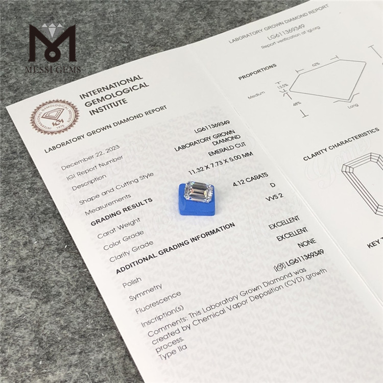 4.12CT D diamants manufacturés en vrac taille émeraude 4ct VVS2 LG611369349丨Messigems