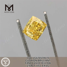 2.64CT Laboratoire de coussin diamants cultivés fantaisie jaune vif VS1 ex VG CVD LG678574175