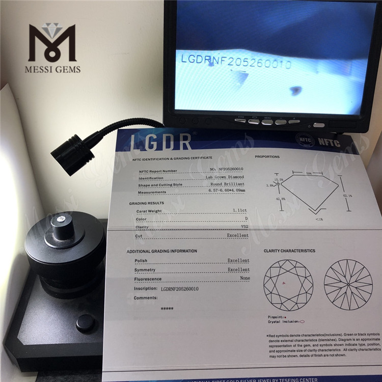 1.11CT D couleur VS2 pureté 3EX diamants synthétiques ronds taillés en brillant en laboratoire