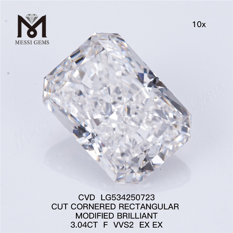 3.04CT taille RECTANGULAIRE F VVS2 EX EX diamants synthétiques de haute qualité CVD LG534250723 