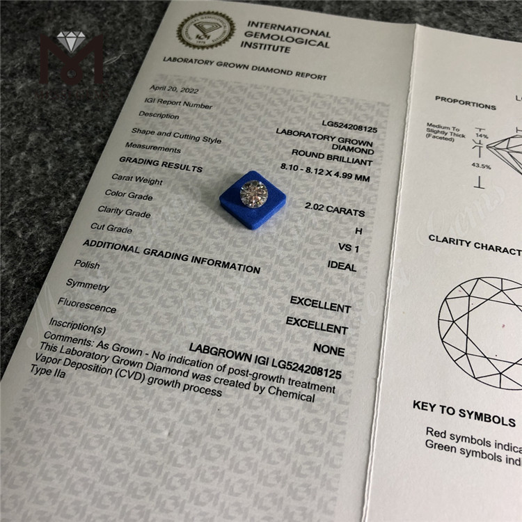 2.02ct H VS1 Round Brilliant Cut IGI Certificate coût des diamants fabriqués par l\'homme