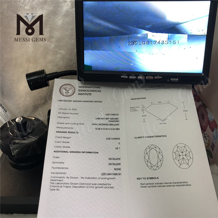Diamants fabriqués en laboratoire 4.02CT E VS1 CVD OV LG617435151 丨 Messigems