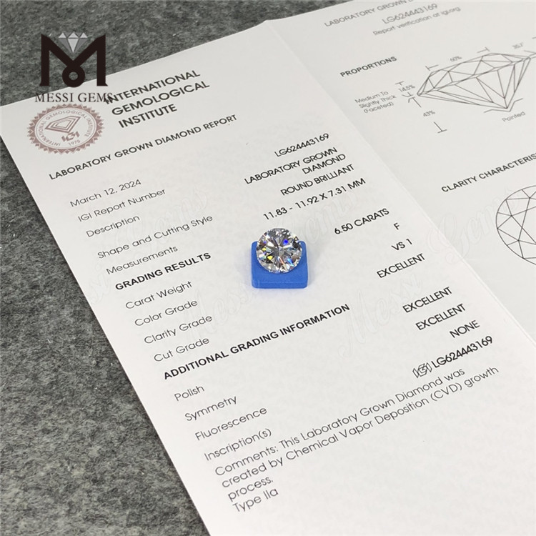 6.50CT F VS1 3EX CVD Diamants manufacturés ronds en vrac LG624443169 丨 Messigems