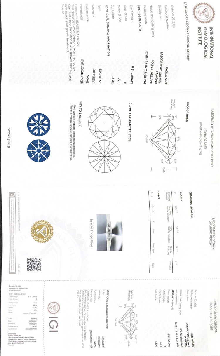 Certificat de diamant igi de 8,31 ct