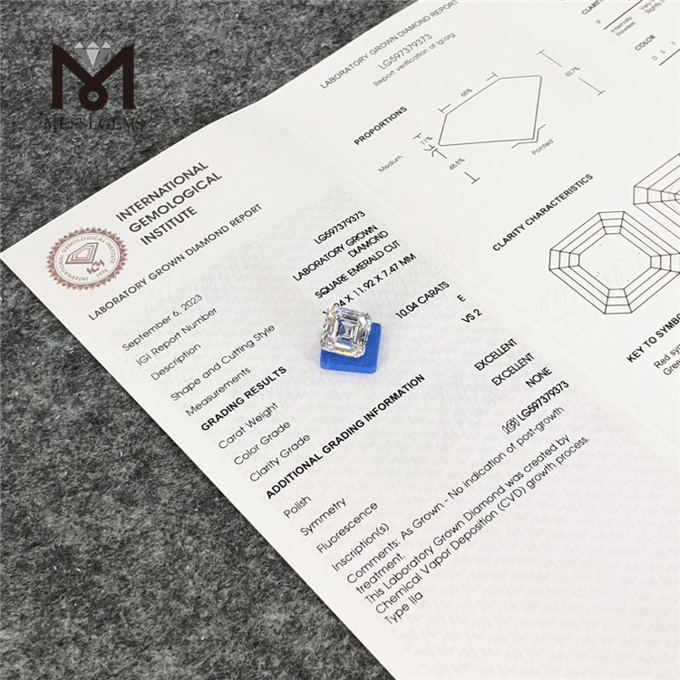 10.04CT E VS2 EX EX SQUARE EMERALD CUT Diamants produits en laboratoire : qualité garantie CVD LG597379373丨Messigems
