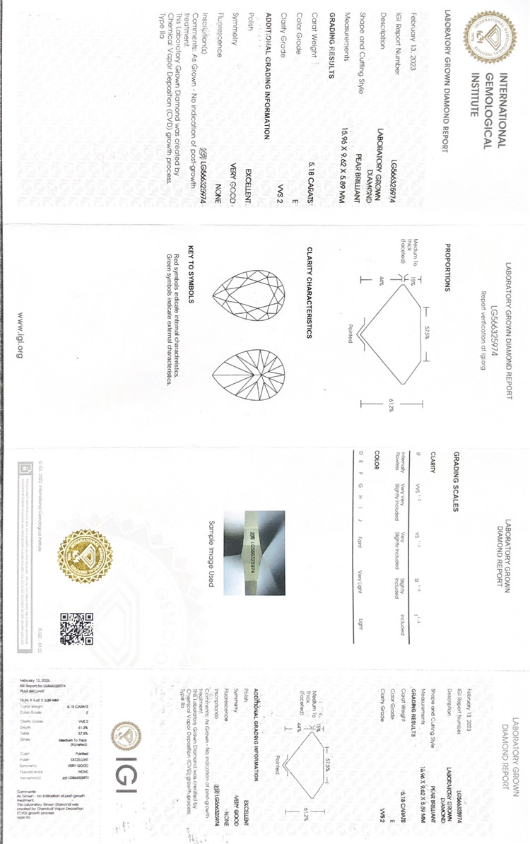 Diamants poires cultivés en laboratoire de 5 carats