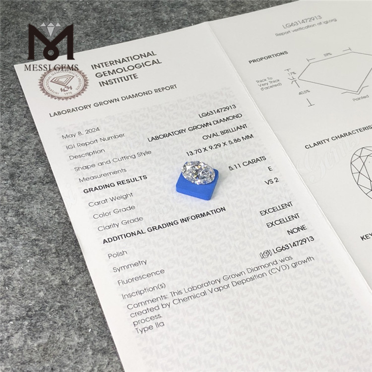 Diamants fabriqués en laboratoire 5.11CT E OV VS2 CVD LG631472913 丨 Messigems