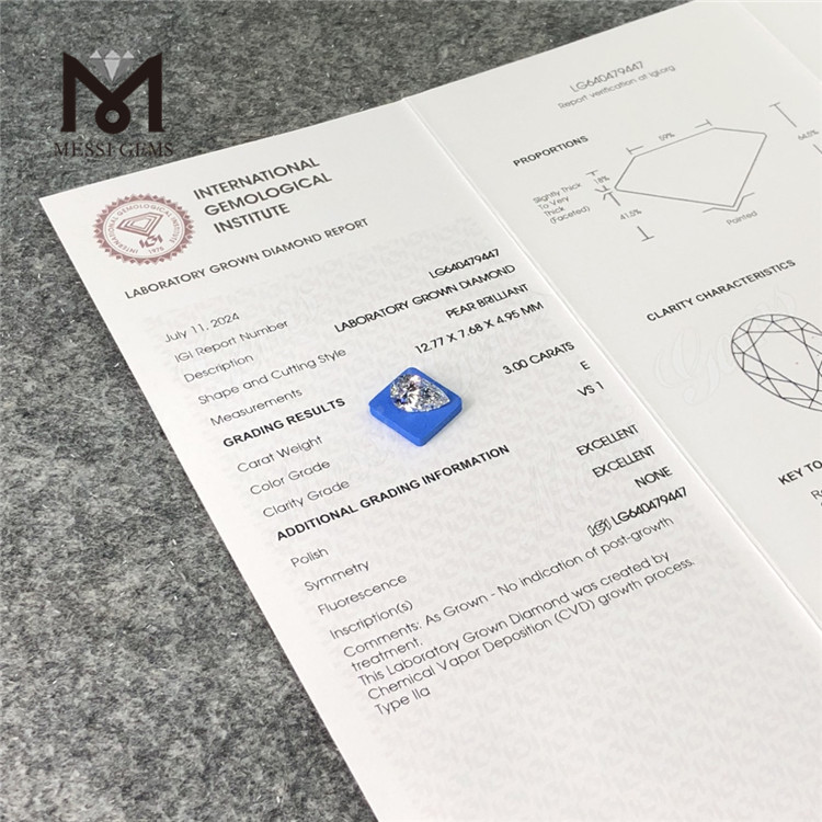 3.00CT E VS1 PEAR diamants de laboratoire de la meilleure qualité IGI LG640479447丨Messigems